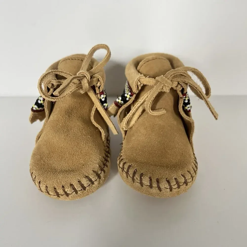 Minnetonka Moccasins Tan Suede Leather Lace Boots Braid Bootie 1101 Infant 3